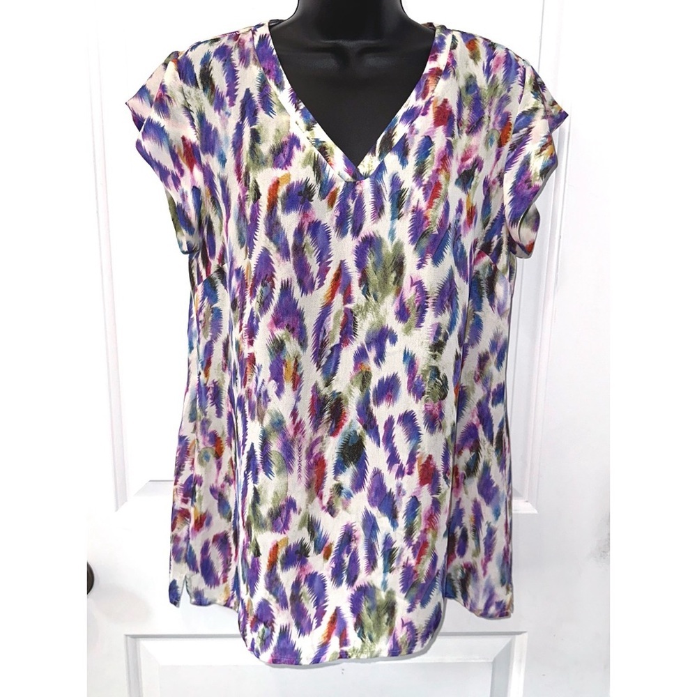 Cabi Womens Blouse Purple Multi Feather Print Rainbow Plume Top 5027 - Picture 3 of 7